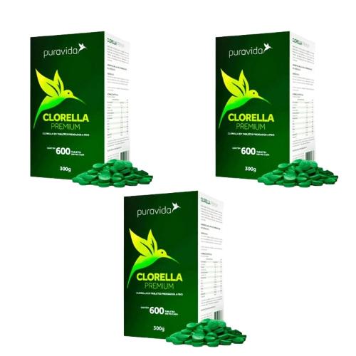 Kit 3 Clorella Orgânica 600 Tabletes Puravida